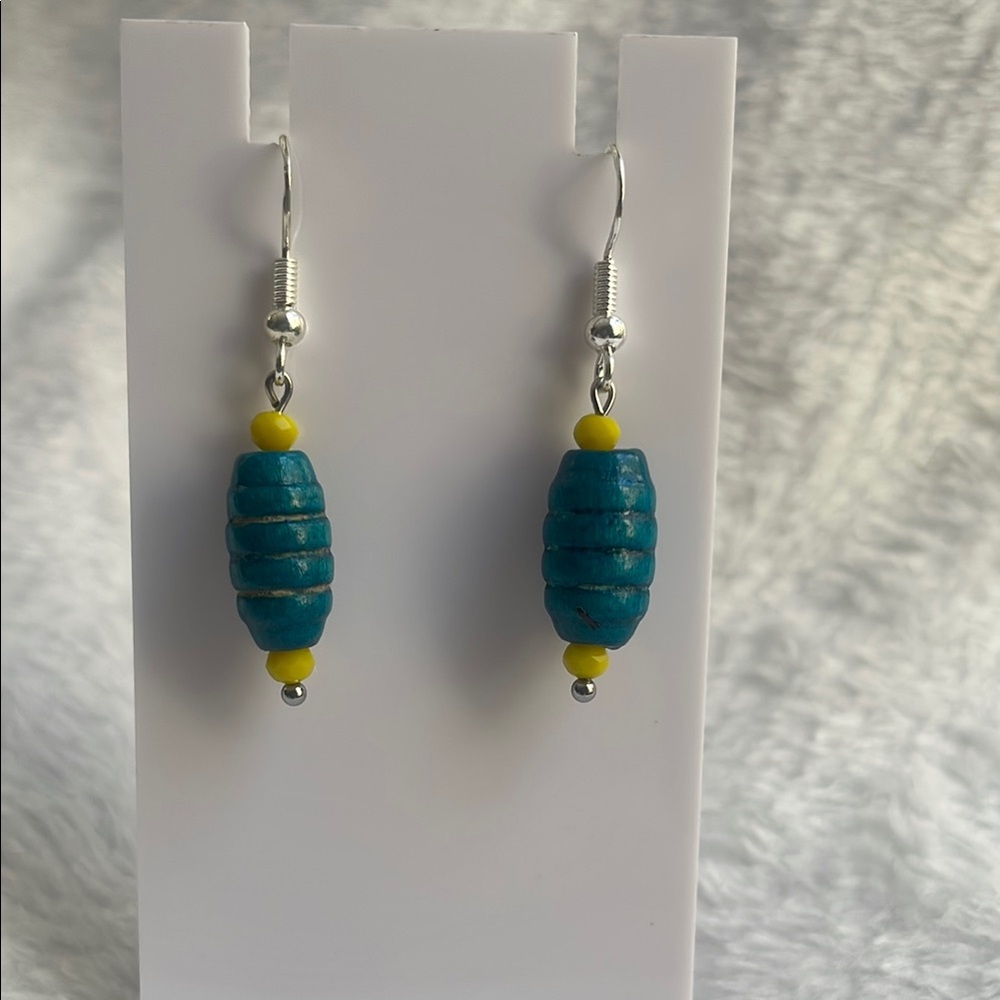 Vibrant Blue and Yellow Oval Bead Earrings